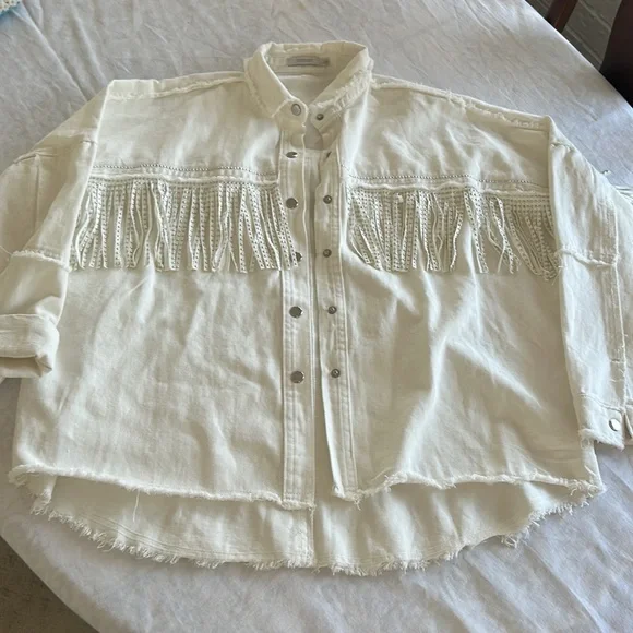 Veveret White Fringe Rhinestone Denim Tassel Jacket Size Large - Picture 11 of 16